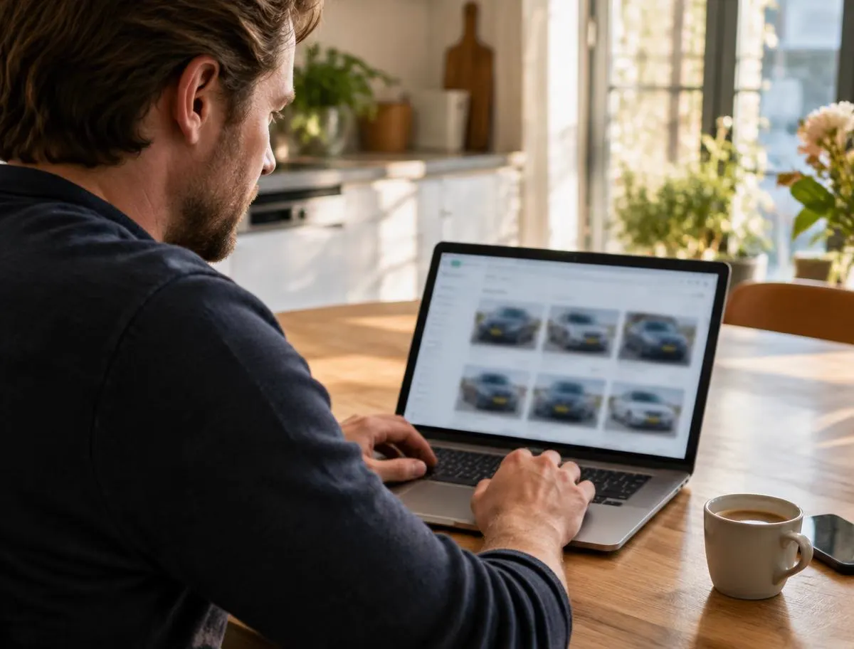 Ondernemer zoekt een auto op zijn laptop