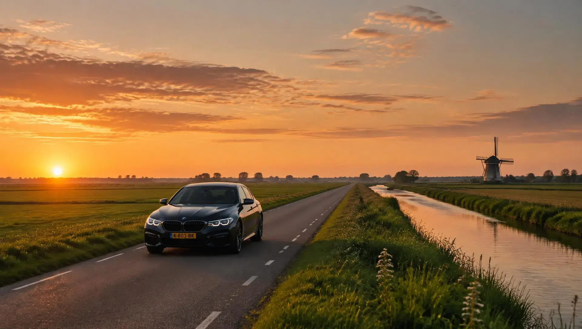 Zakelijke auto op een polderweg bij zonsondergang