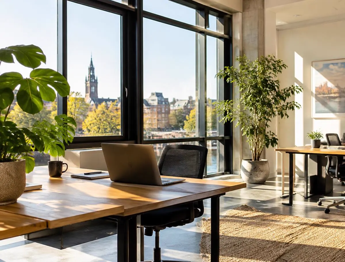 Licht kantoor met uitzicht op de stad