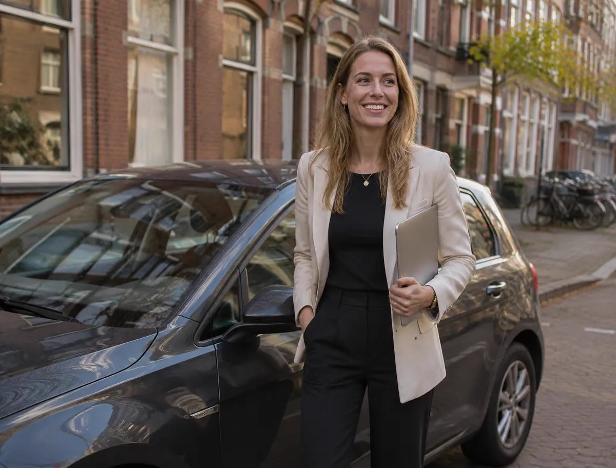 Startende ondernemer met laptop bij haar auto